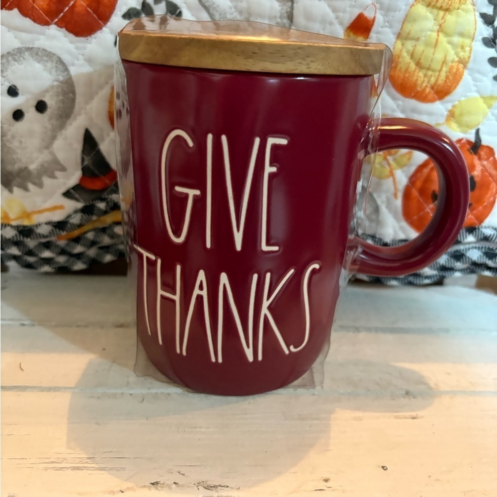 Rae Dunn Burgundy Mug with Wood Lid - 'Give Thanks'